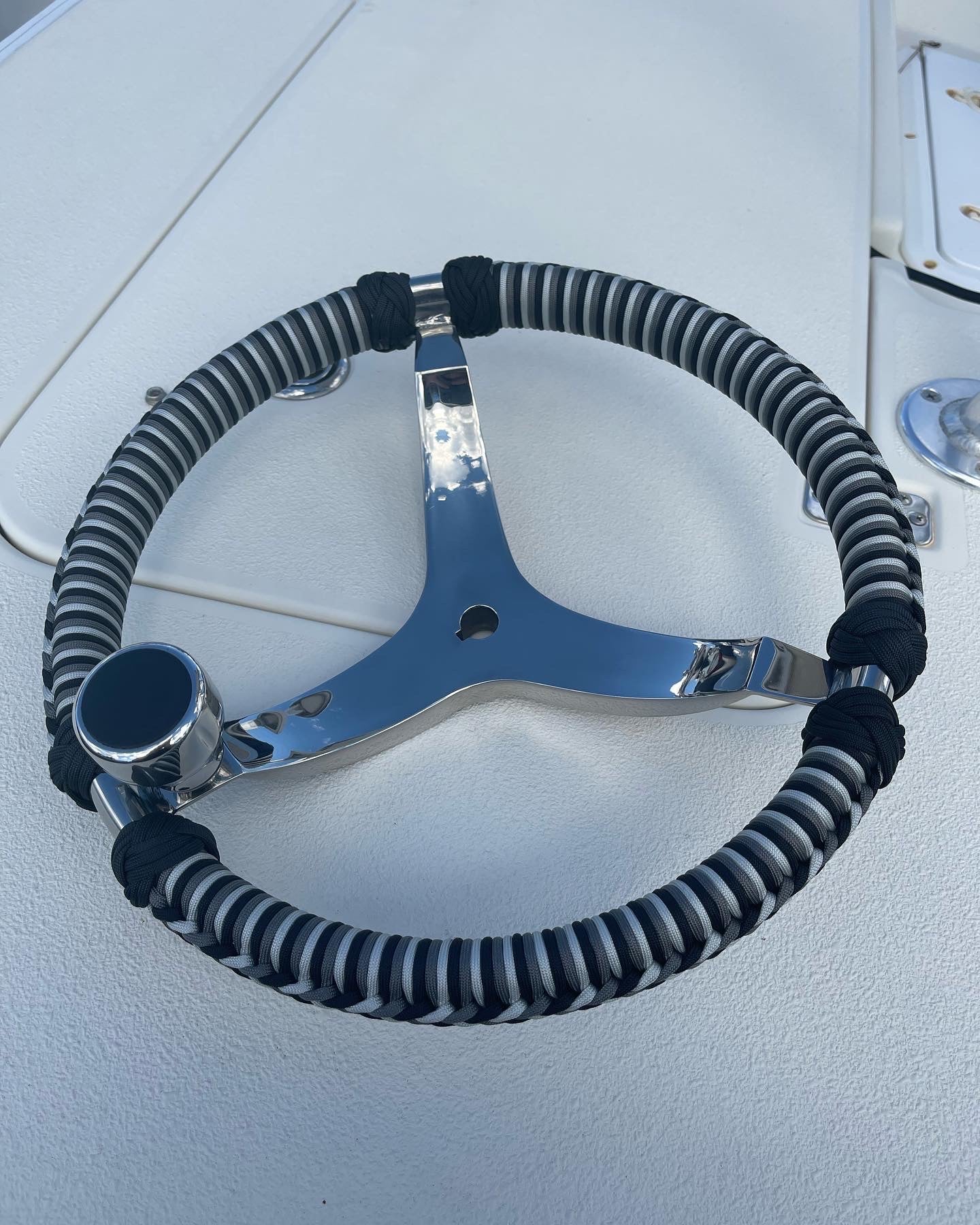 Boat Steering Wheel - 13.5 in. Stainless Steel Steering Wheel w/ Paracord Wrap & Power Knob